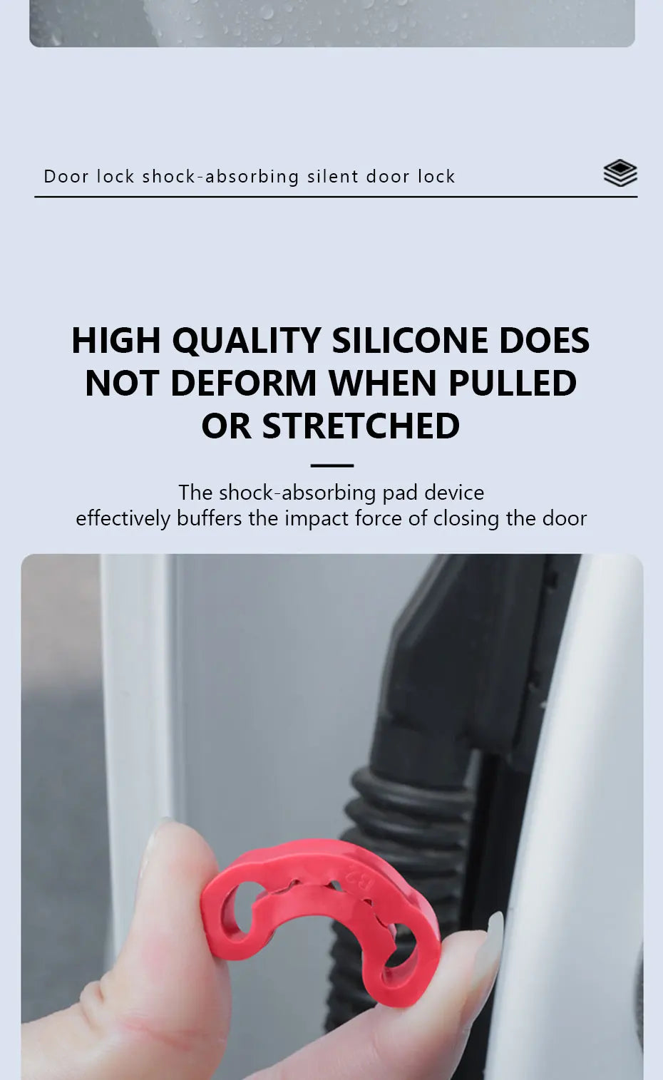 A hand holds a red silicone door lock shock-absorbing pad designed to buffer the impact of closing a car door.