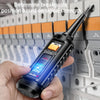 A hand holds an induction test pen with a blue light, used to determine breakpoint position based on signal strength.