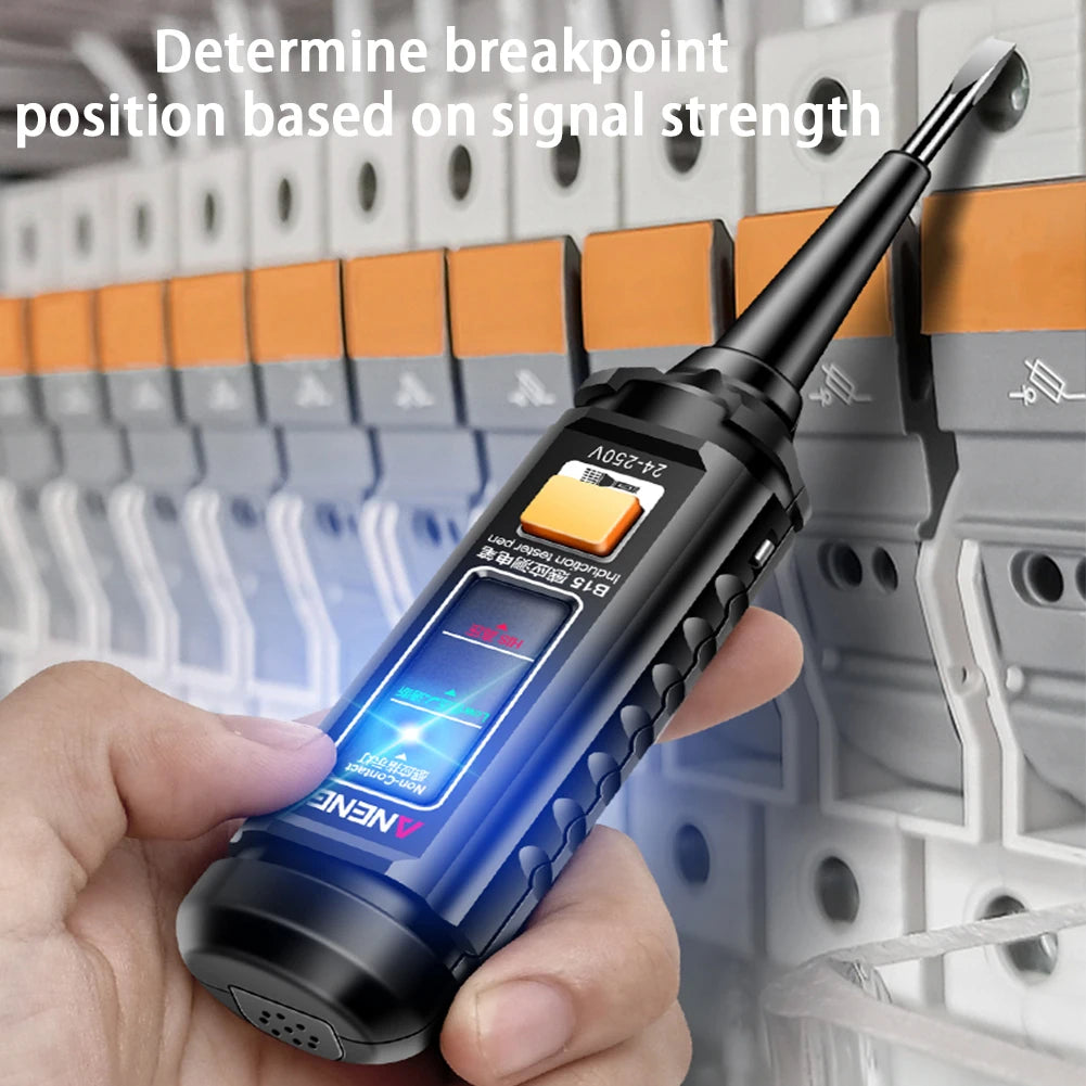 A hand holds an induction test pen with a blue light, used to determine breakpoint position based on signal strength.