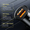 A close-up view of a black USB-C car charger showing dual output capabilities for USB 1 and USB 2 ports.