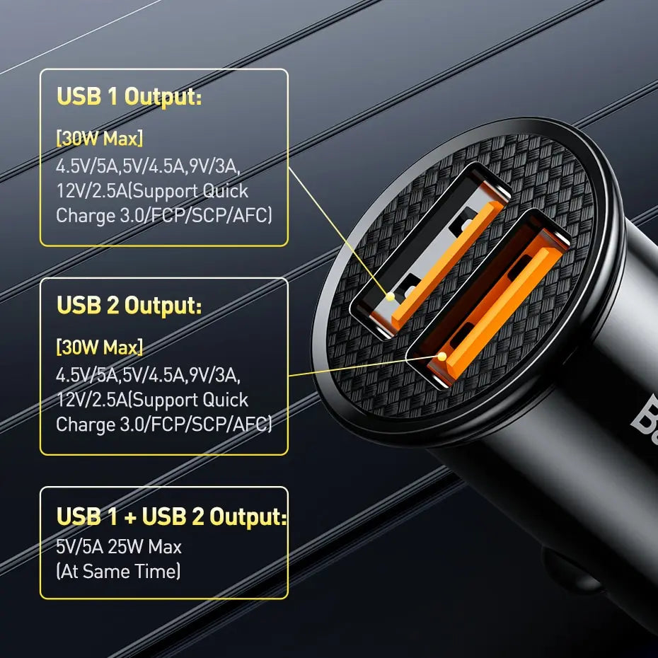 A close-up view of a black USB-C car charger showing dual output capabilities for USB 1 and USB 2 ports.