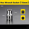 A silver hex wrench socket with a 13mm drive size is shown against a dark gray background.