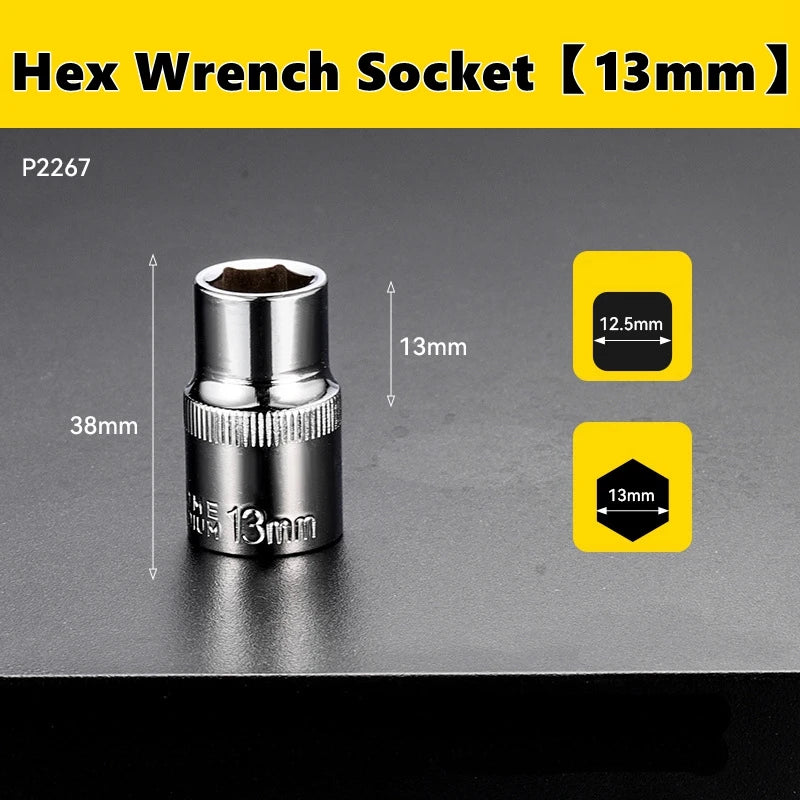 A silver hex wrench socket with a 13mm drive size is shown against a dark gray background.