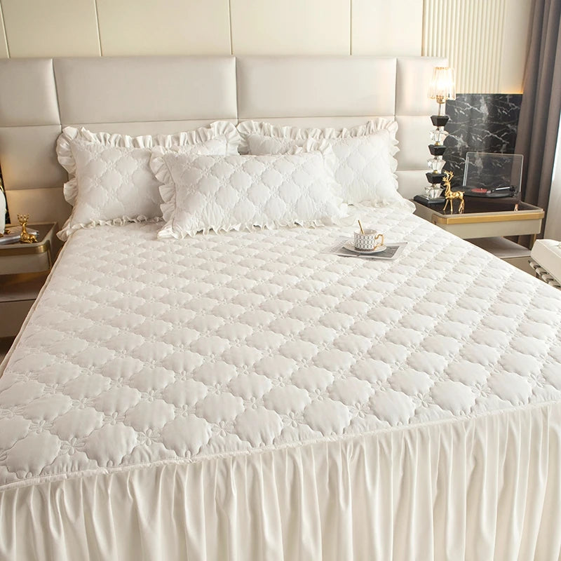 Quilted Solid Color Bed Skirt with Pleated Ruffle
