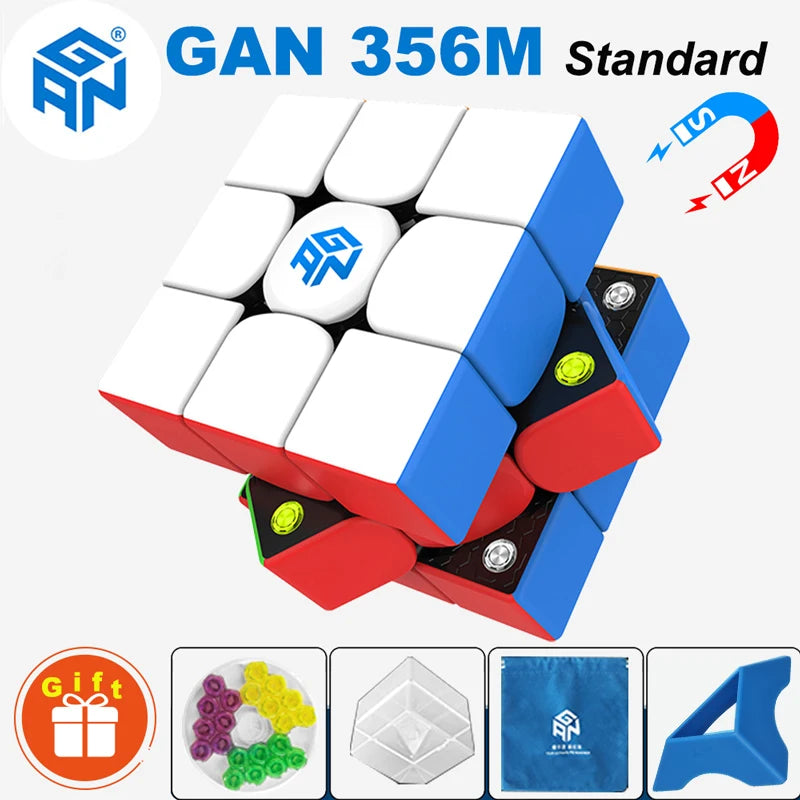 A blue and red GAN 356M standard speed cube with magnetic and non-magnetic options displayed on a white background.