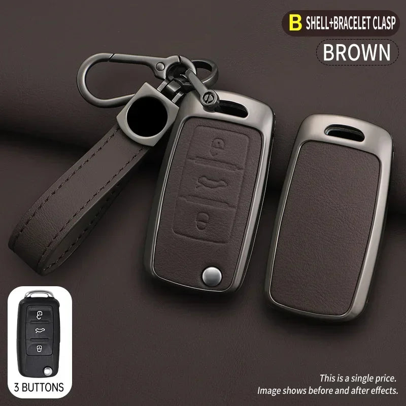 Brown shell bracelet clasp key case cover for car models shown with a leather strap and a separate button view