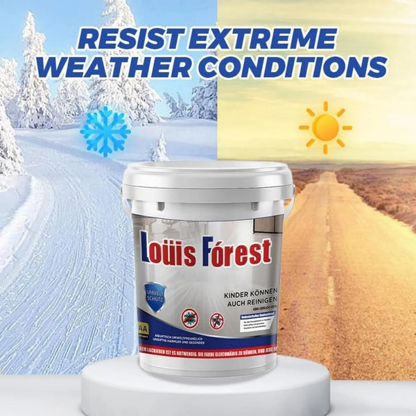 A jar of Louis Forest paint is shown against a snowy outdoor background with a bright sun.