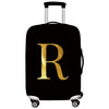 Black rolling luggage with a gold letter R print on the side.