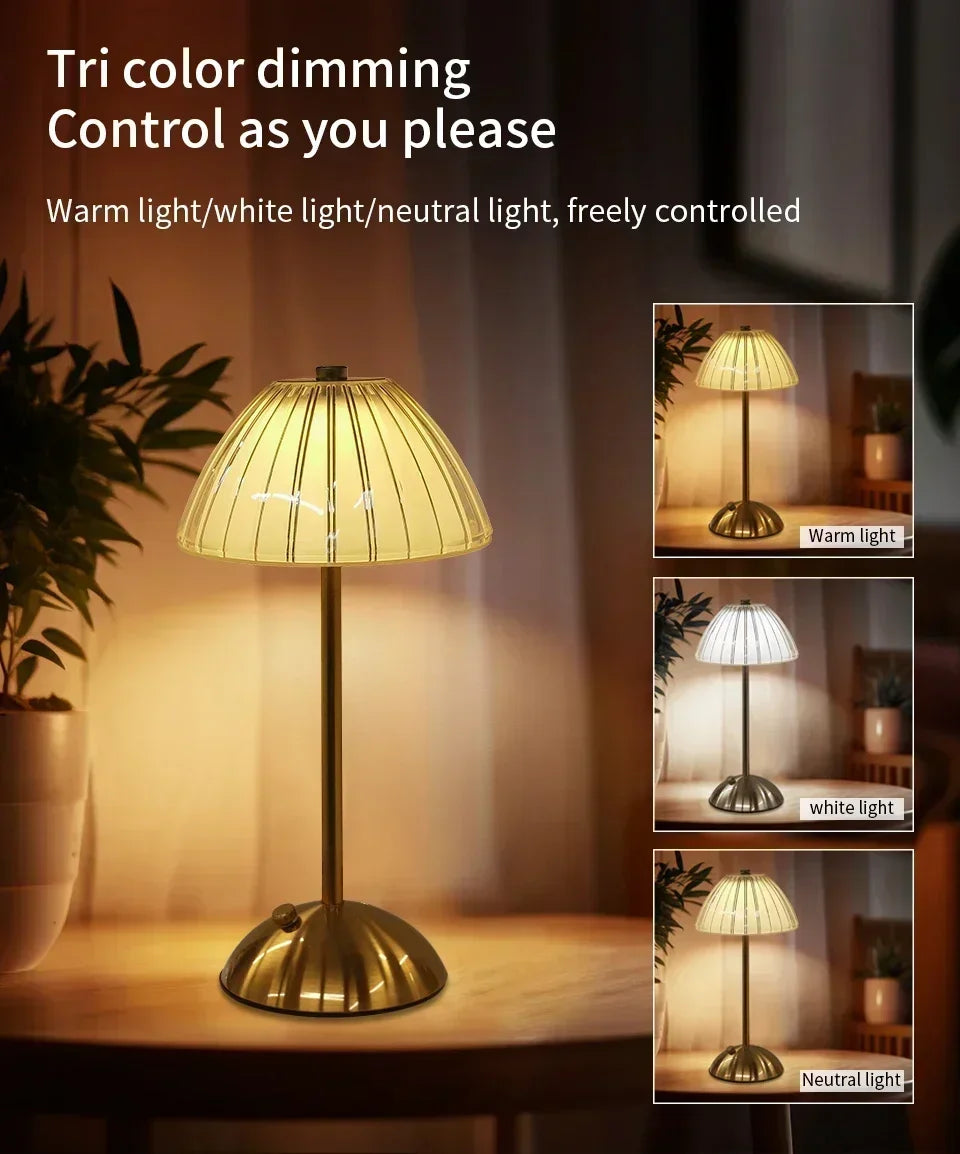 A trio of dimmable table lamps showing warm, white, and neutral light settings.