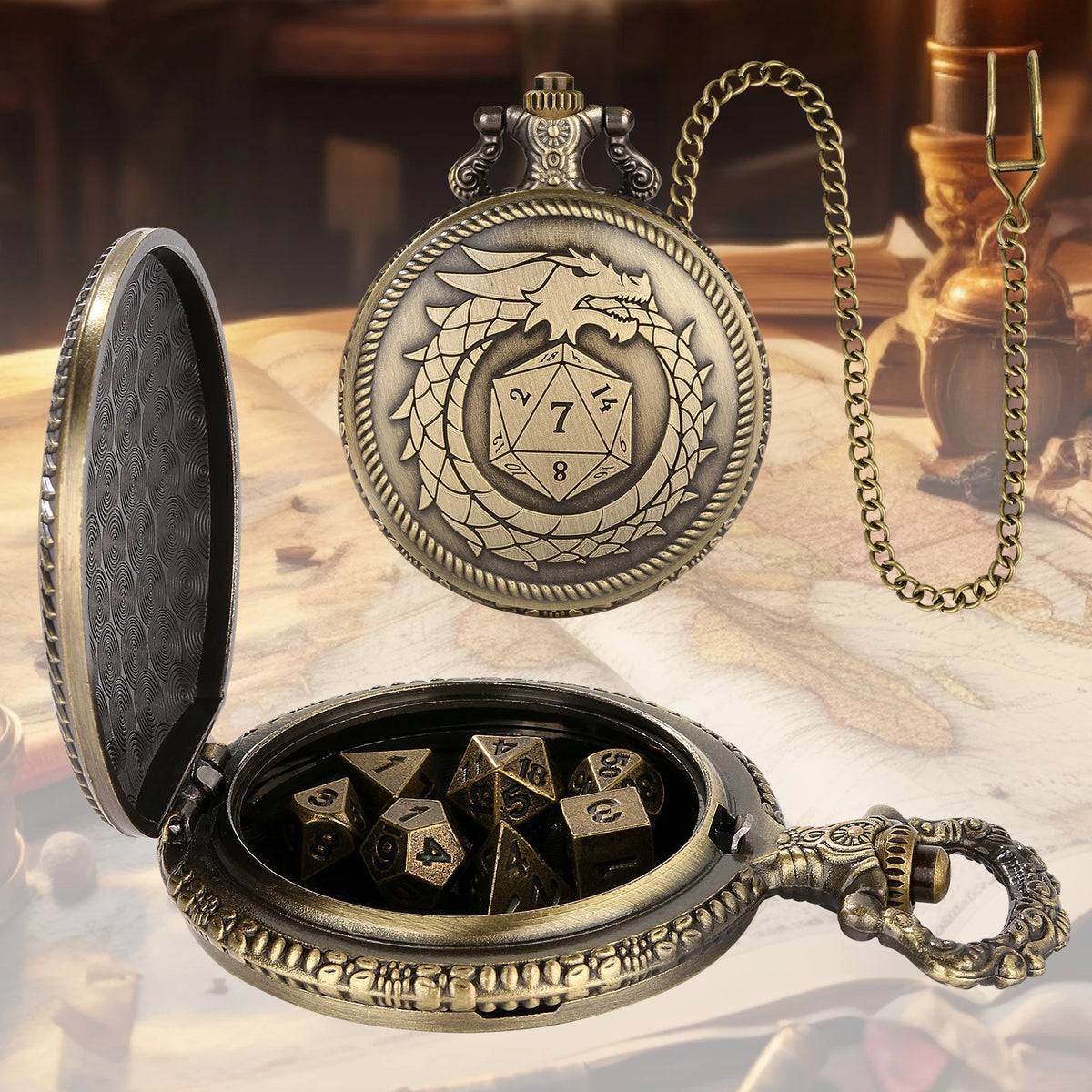 A vintage metal dice case with a dragon motif and a chain, open to reveal seven metal polyhedral dice.