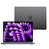 A close-up view of a laptop with a vibrant purple and black design, next to its matching matte protective case.