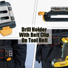 Drill holder with belt clip on tool belt showing the holder and a drill tool.