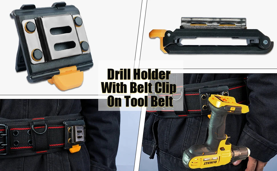 Drill holder with belt clip on tool belt showing the holder and a drill tool.