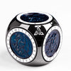 A premium metal spinner dice cube featuring dark blue and silver accents.