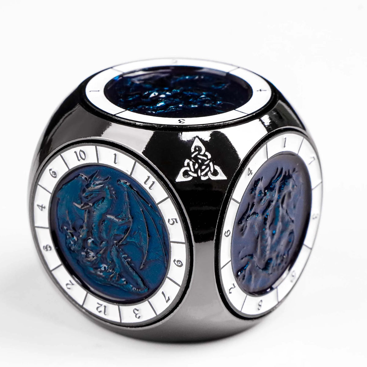 A premium metal spinner dice cube featuring dark blue and silver accents.