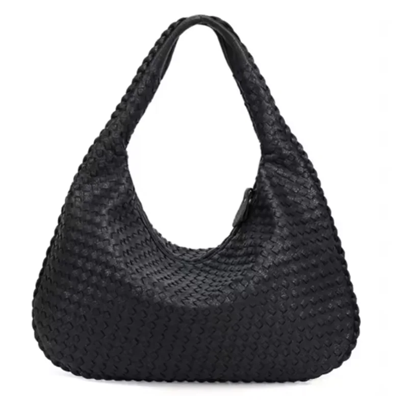 Black vegan leather woven hobo bag with a drawstring closure