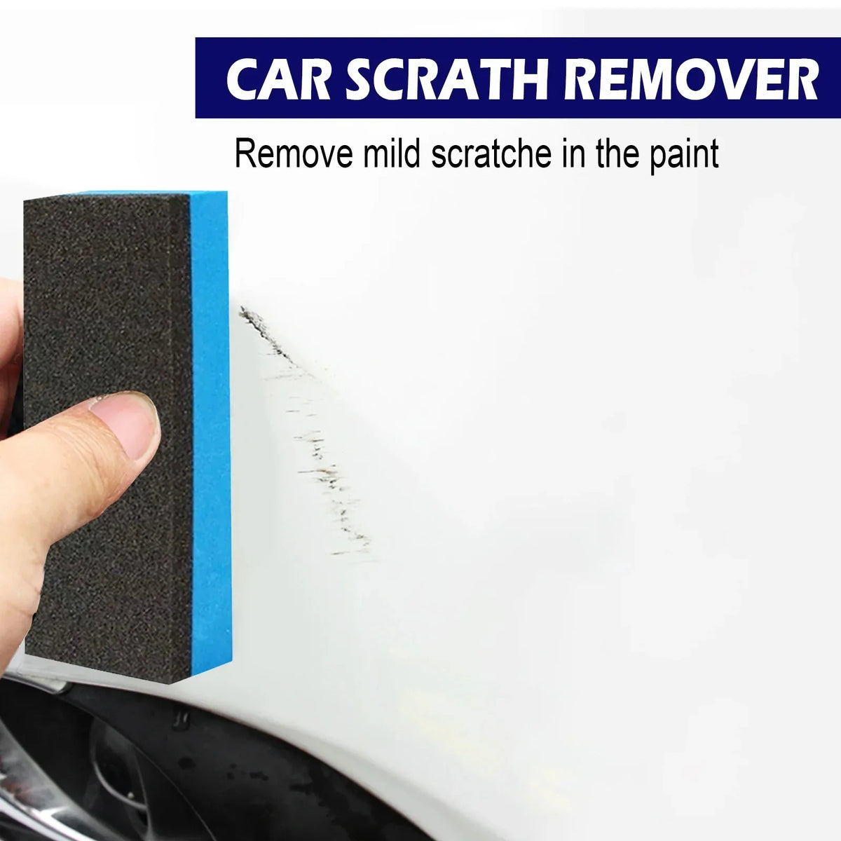 A hand is using a black and blue car scratch remover tool to remove a mild scratch in white car paint.
