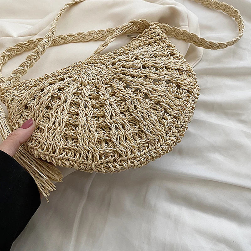 Handwoven Straw Semicircle Crossbody Bag with Tassel