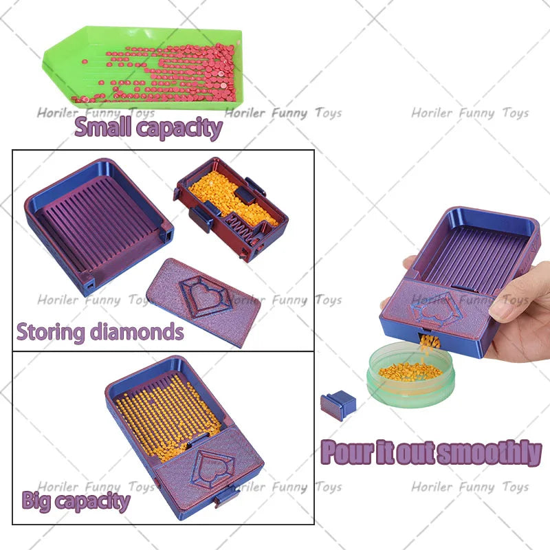 Un set de plateaux de peinture diamant pour la création et le perlage, montrant des options de petite et grande capacité.