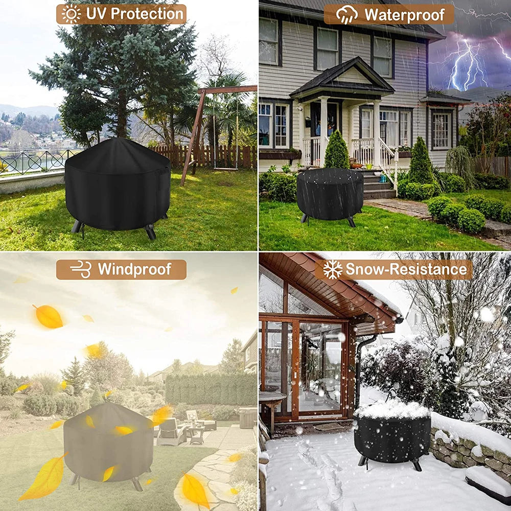 A black all-weather waterproof fire pit cover shown in various contexts including UV protection, windproof use, and snow resi