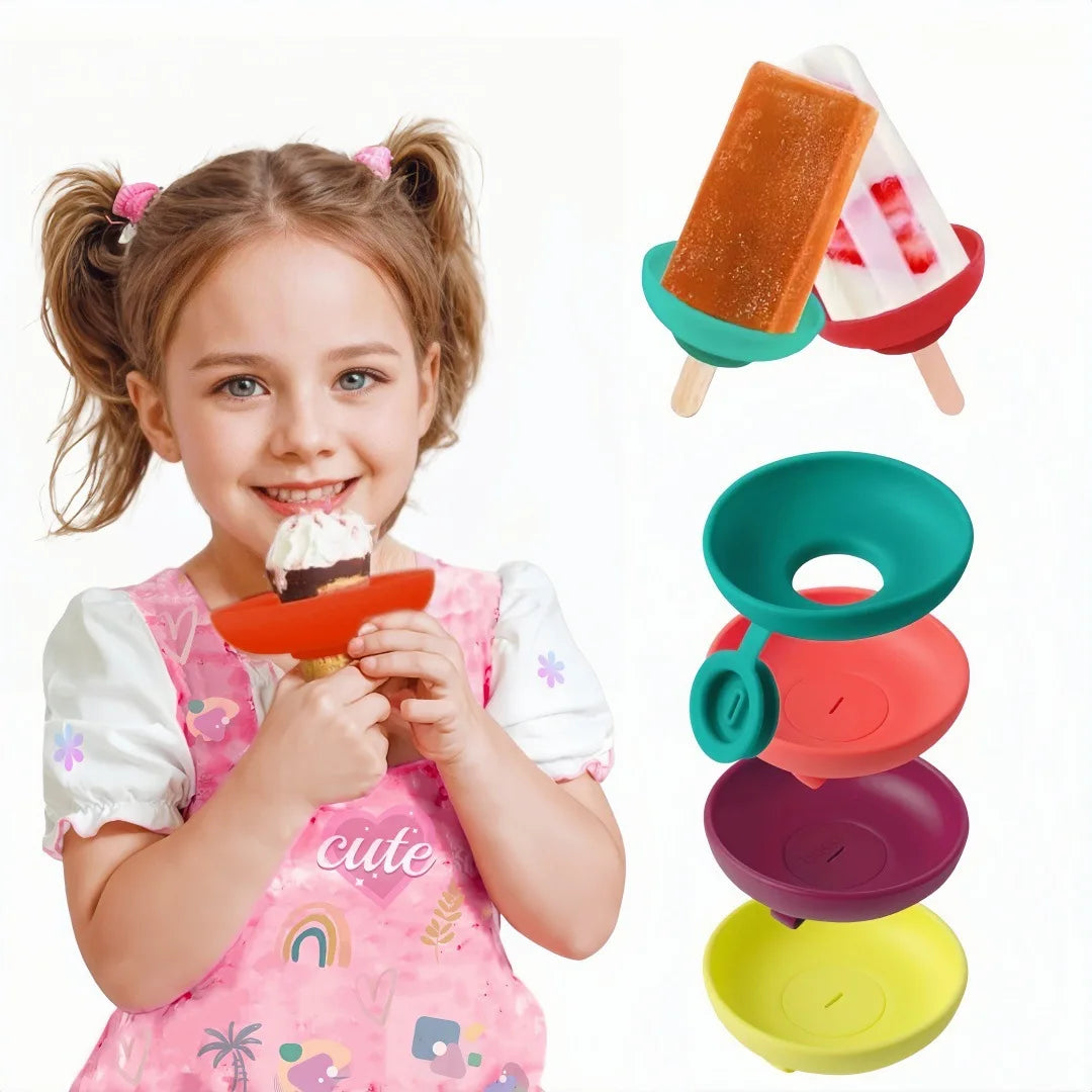 A smiling girl holds an orange silicone ice cream cone holder with a colorful set of four holders.
