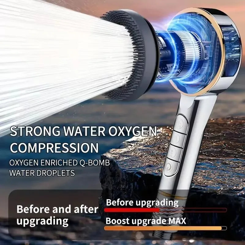 A silver shower head is shown emitting a strong stream of water droplets, demonstrating oxygen compression technology.