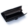 A black women's cowhide leather bi-fold wallet with card slots and a coin pocket shown open.