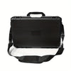 Black hard shell protective storage case for tools and instruments with a carrying strap.