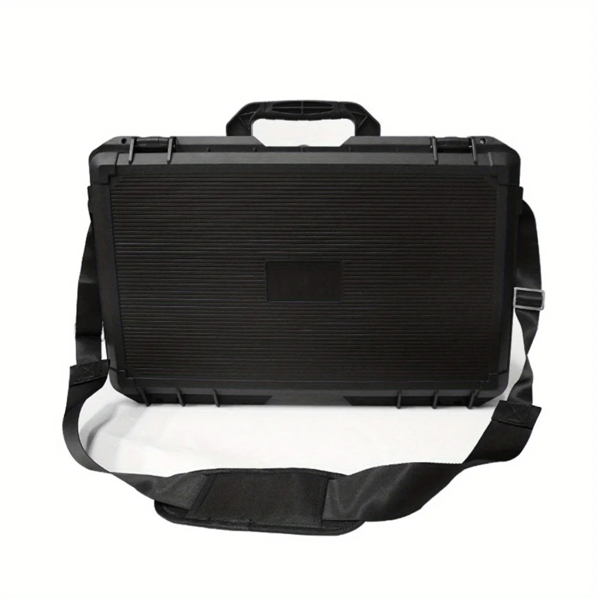 Black hard shell protective storage case for tools and instruments with a carrying strap.