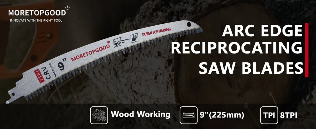 A close-up of an ARC edge reciprocating saw blade for wood working, labeled 9 inches and 8 TPI.