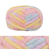 A ball of chunky chenille yarn in pastel colors including pink, yellow, and light blue.