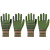A set of olive green gardening gloves with striped grips for handling plants.