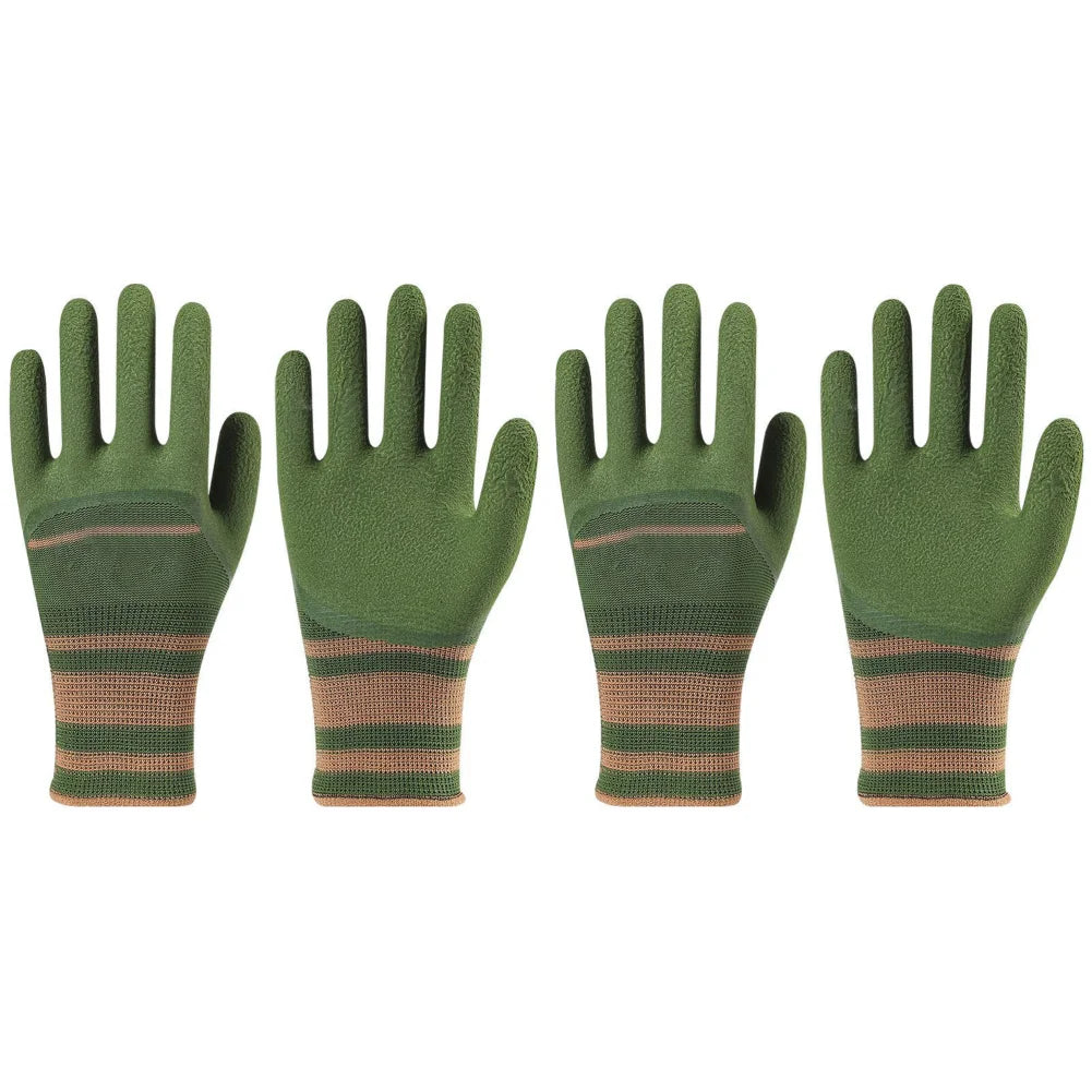 A set of olive green gardening gloves with striped grips for handling plants.