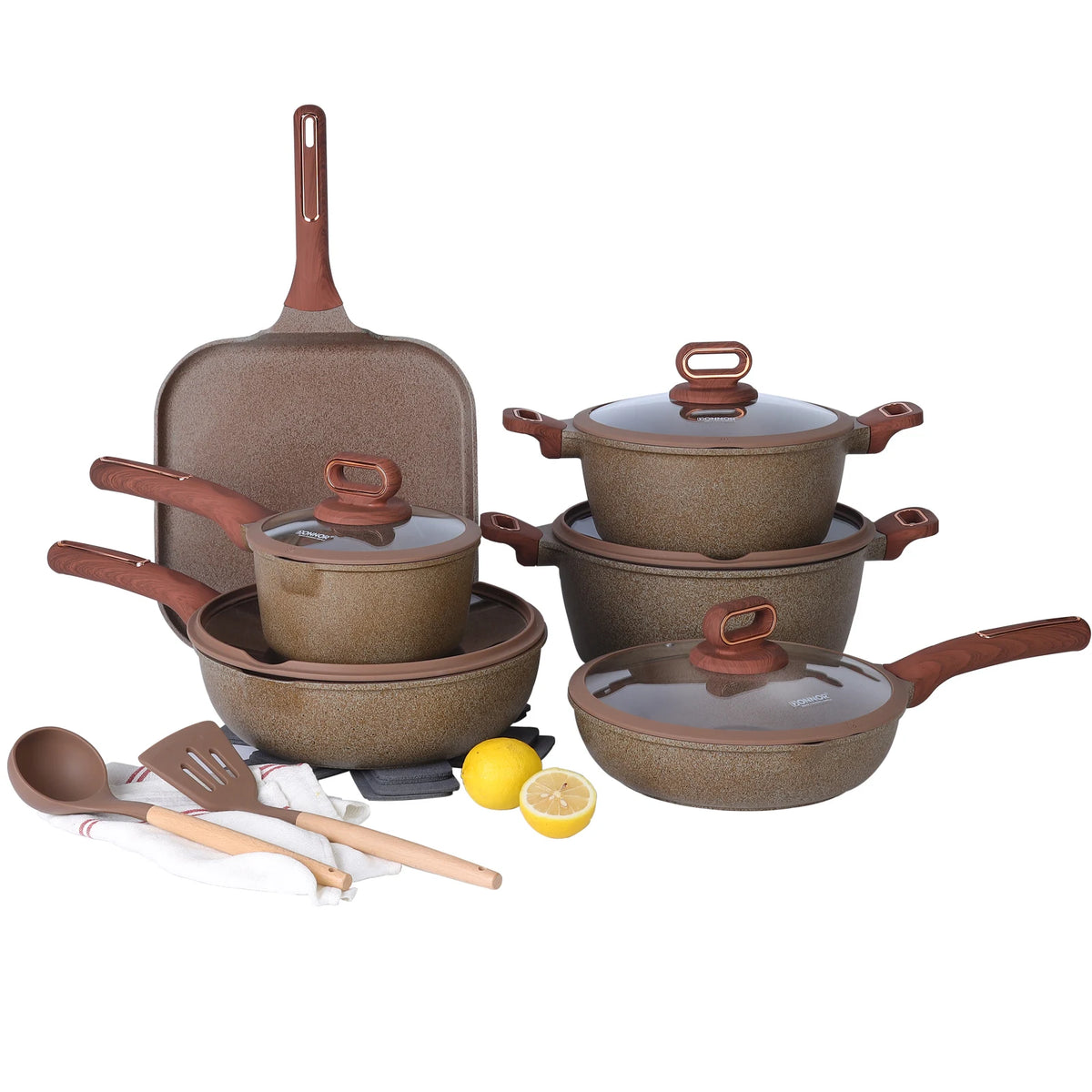 A ceramic nonstick cookware set featuring a large skillet, a pot, and a lid.