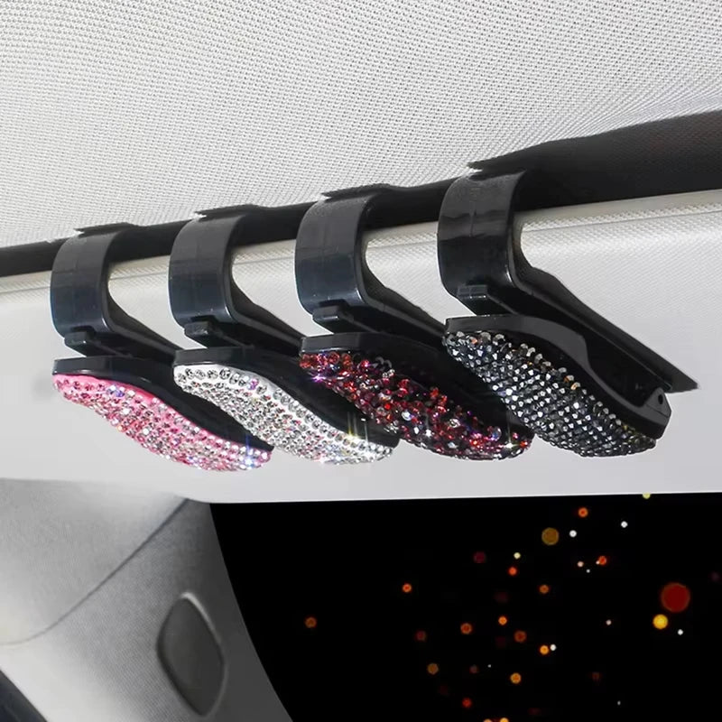 Black crystal rhinestone clip for car sun visor sunglasses