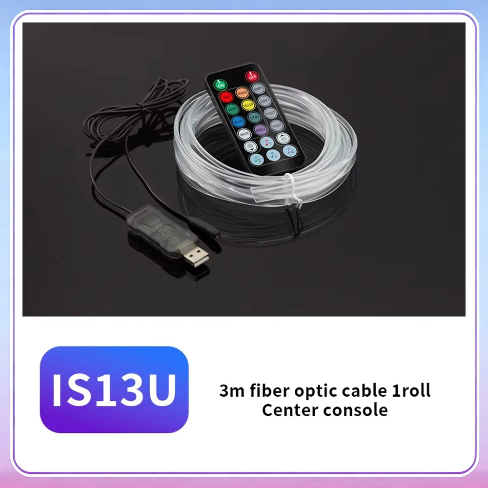 A roll of 3m fiber optic cable with a center console and an LED remote control device.