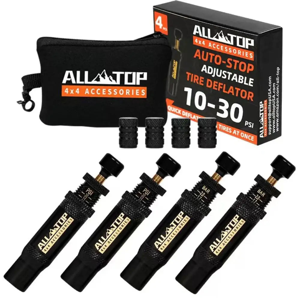 A black kit containing four auto-stop adjustable tire deflators and accessories.