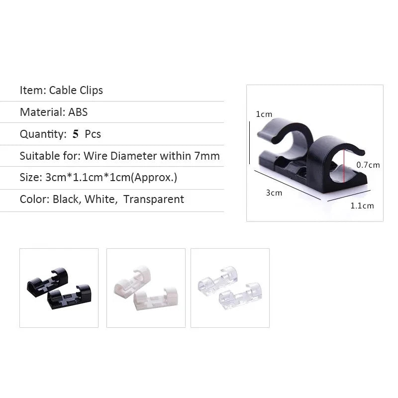 Five black ABS cable clips for wire management, shown in various sizes and orientations.