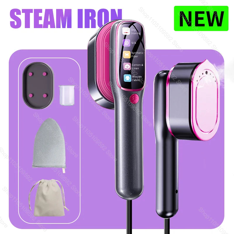 A black handheld garment steamer with a pink nozzle and various fabric attachments shown in a purple background.