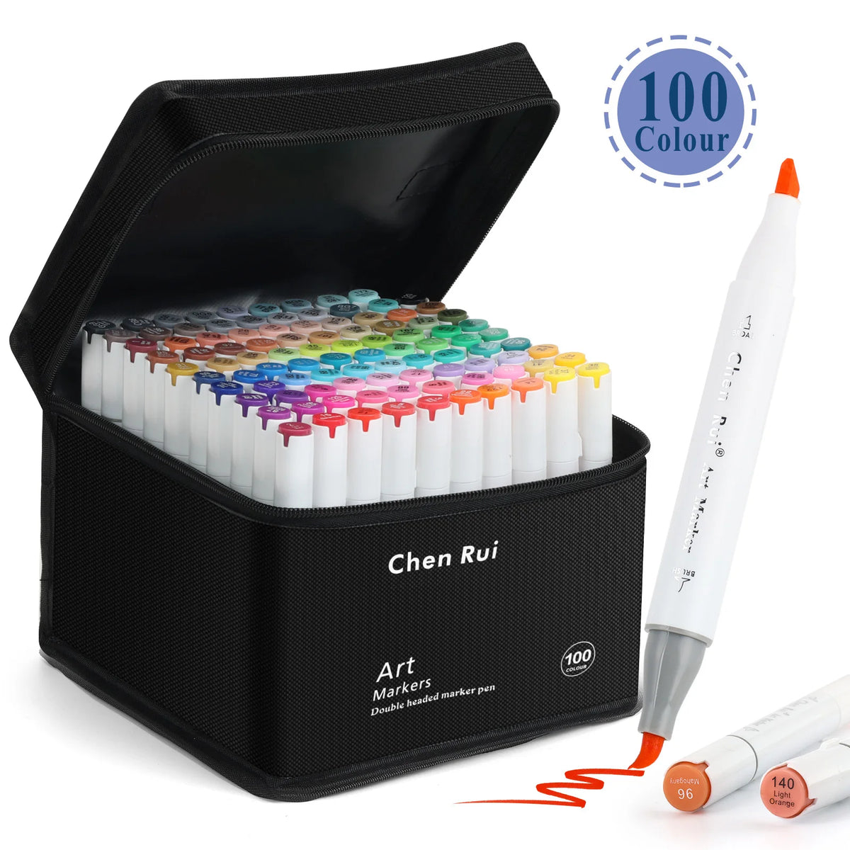 A black box of Chen Rui art markers with 100 colors and a white brush pen shown next to the product.