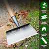 A close-up of a durable stainless steel shovel being used to scrape dirt and debris from the ground.