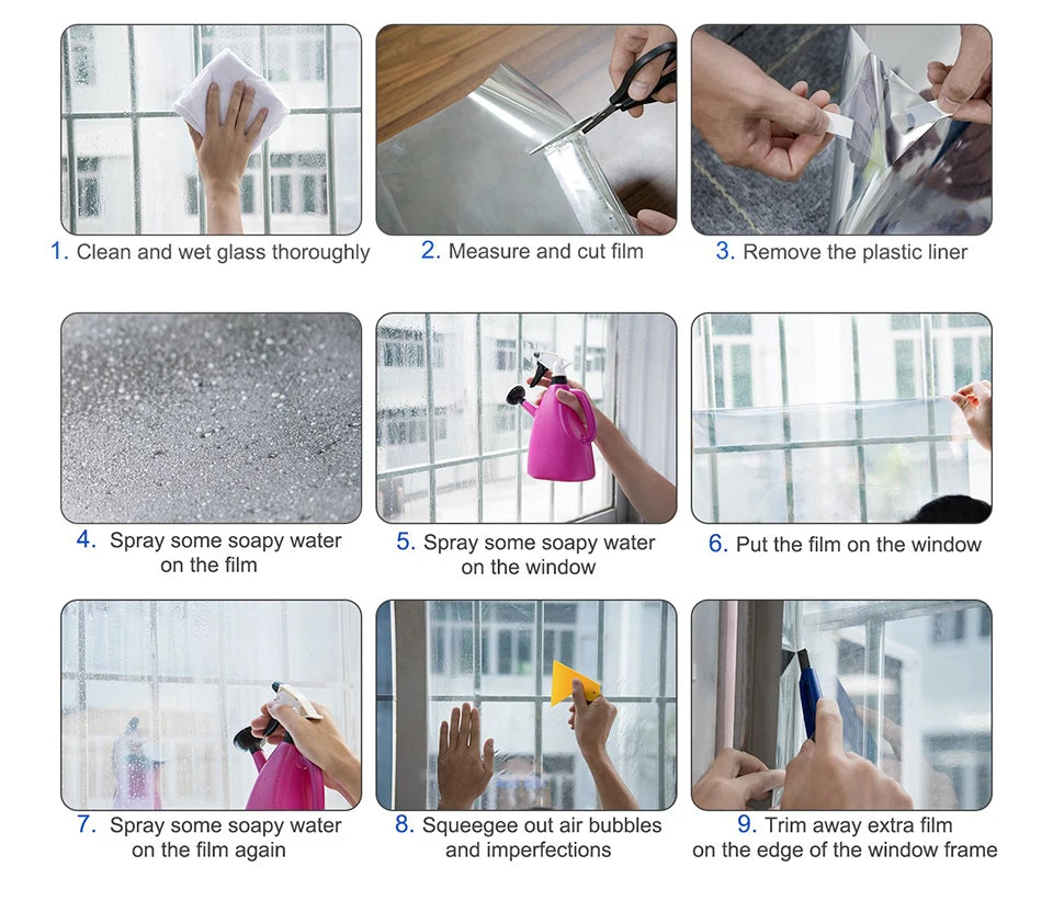 A nine-step process showing how to clean and apply one-way window privacy film on a glass surface.