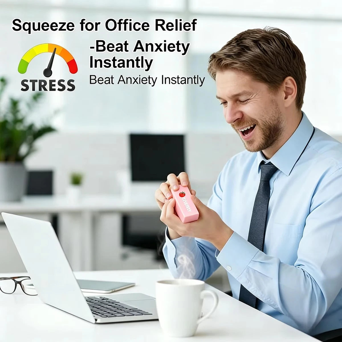 A man uses a pink squishy butter fidget toy to relieve stress in an office setting.