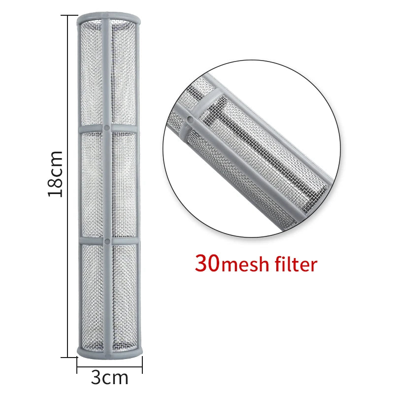 Vertikaler grauer Maschenfilter für eine lufftfreie Sprühmaschine, zeigt Details eines 30-Maschenfilters.