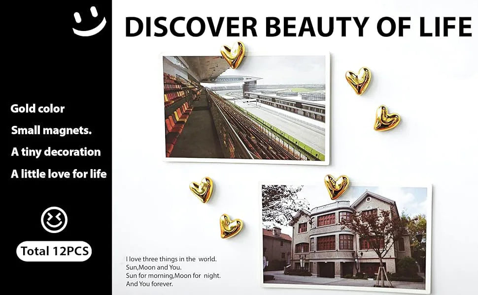 A set of twelve gold heart-shaped refrigerator magnets displayed next to a photo of a train and a house.