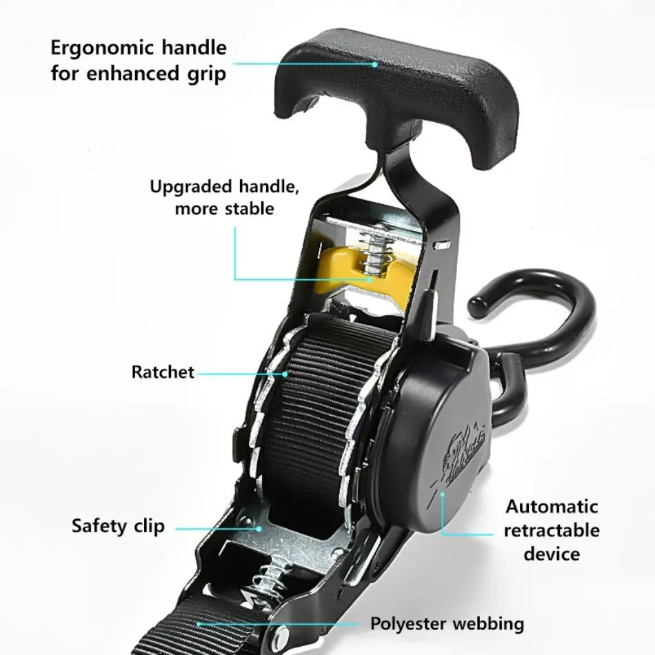 Close-up view of a black heavy duty retractable ratchet strap with an ergonomic handle and safety clip.