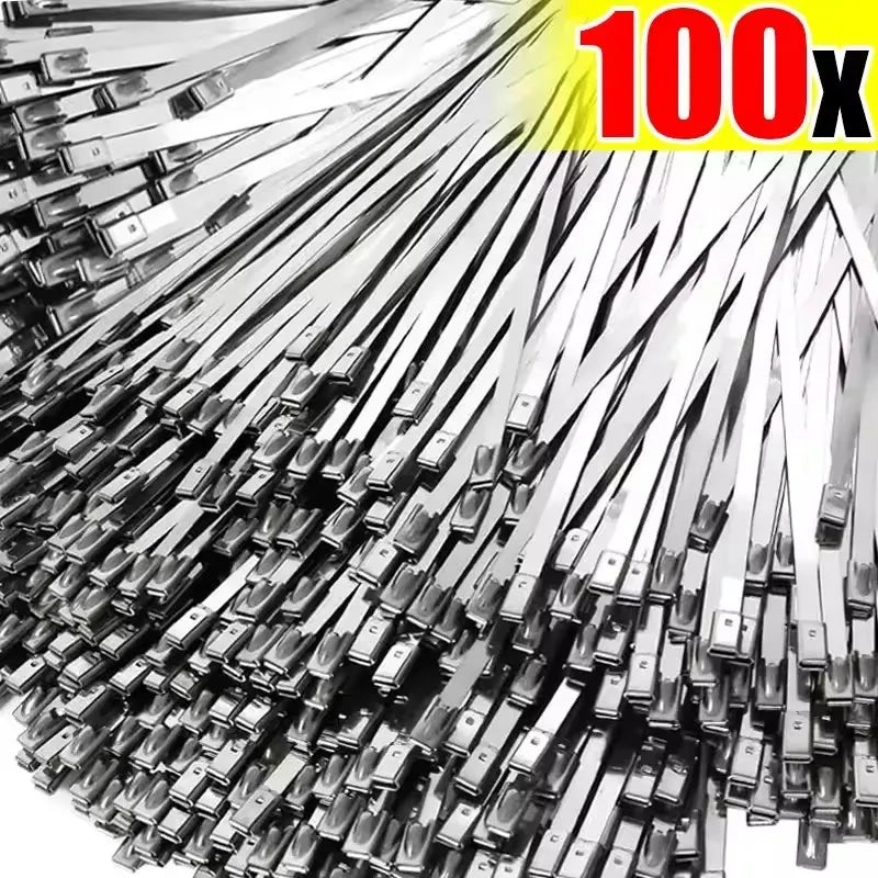 A close-up view of numerous silver stainless steel cable ties arranged in a fan pattern.