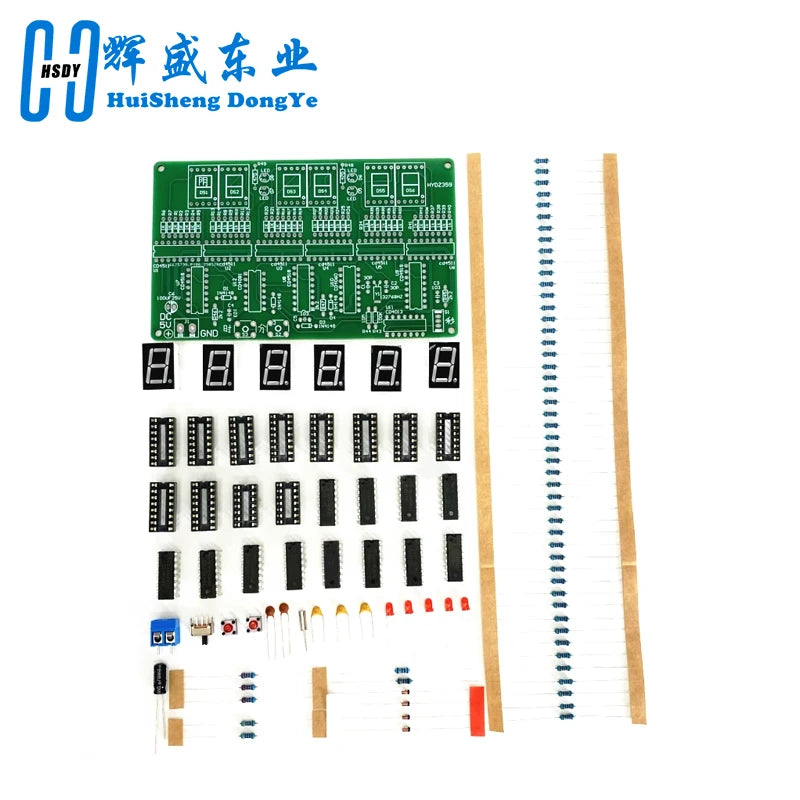 A soldering kit for a 6-digit digital clock featuring a circuit board, components, and wiring leads.