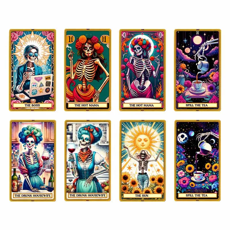 Collection de douze cartes de tarot avec figures et symboles pour autocollants de transfert thermique.