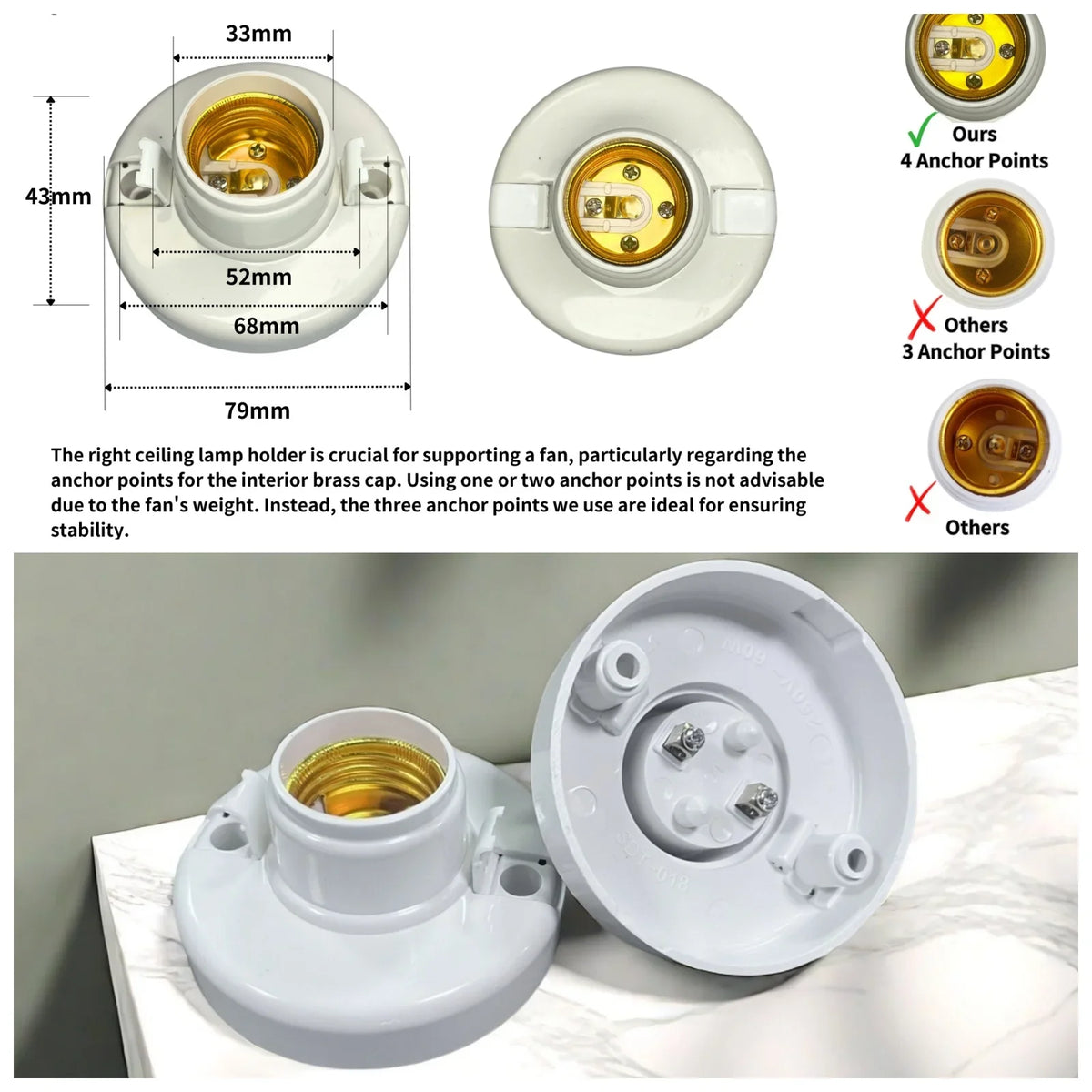 A white E27 screw cap light bulb holder with three anchor points shown in various views.